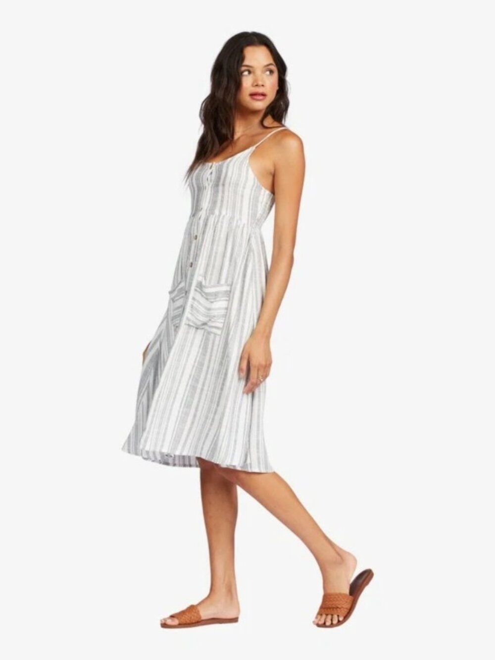ROXY Oceanside Vertical Stripe Front Pocket Button-Up Smocked Tank Dress, Size M